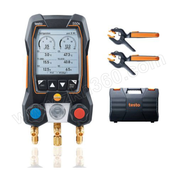 TESTO/德图 智能套装智能数显冷媒表搭配无线蓝牙钳形温度探头 testo 550s 智能套装 包括电池(4 x AA)和校准协议 2 x testo 115i无线蓝牙钳形温度探头 仪器箱 testo Smart App(可免费下载) 使用说明书 1套