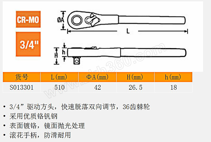 sheffield/钢盾 3/4"钢柄快脱棘轮扳手 s013301 19mm 1把 销售单位:把