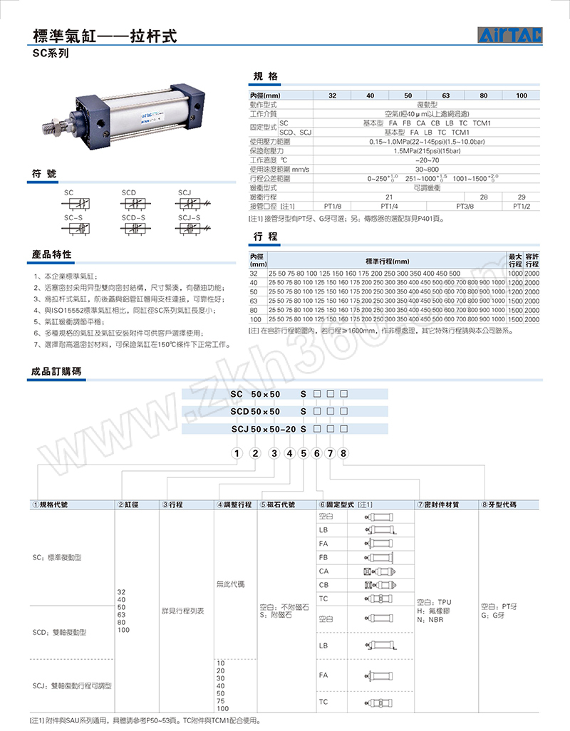 airtac/亚德客 scj系列标准气缸 scj32×75-50s 缸径32mm 行程75mm